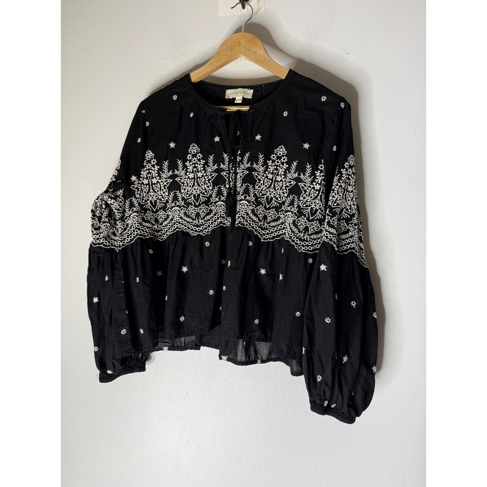 Jennifer & Grace Black Embroidered Cotton Peasant Blouse Balloon Sleeve Large